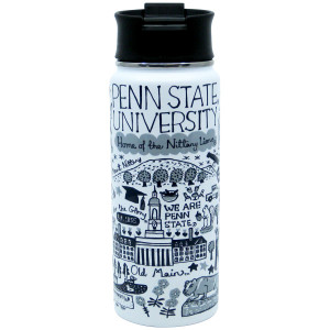 white stainless steel travel mug Julia Gash illustrated Penn State University scenes and phrases